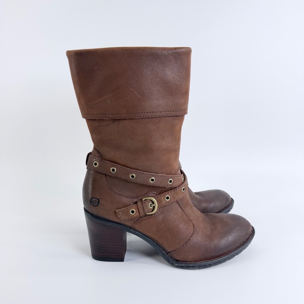 Born Leather Ankle Mid Calf Boots Brown Buckle Straps B47106 Womens Size 8 39